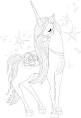 Cute unicorn creature with flower and stars sketch template. Cartoon vector illustration in black and white for icons, emoji symbols, game, background, pattern, decor. Coloring paper, page, story book
