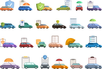 Car insurance icons set cartoon vector. Auto secure. Vehicle accident
