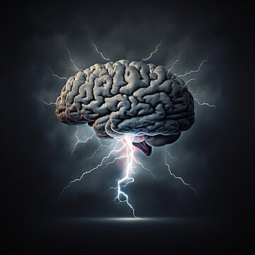 nuage en forme de cerveau avec des &eacute;clair en dessous - illustration ia