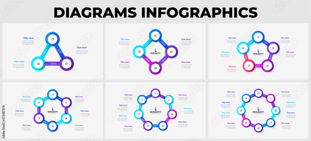 Poster set of vector cycle infographics. circle with arrows. presentation template with 3, 4, 5, 6, 7 and 8