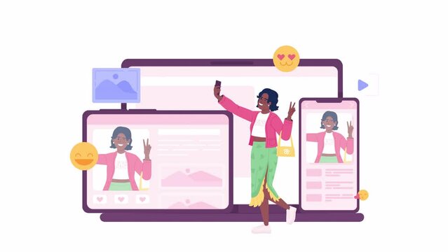 Animated cross-platform influencer. Female blogger sharing selfie on social media 2D cartoon flat character 4K video footage on white with alpha channel transparency. Concept animation for web design