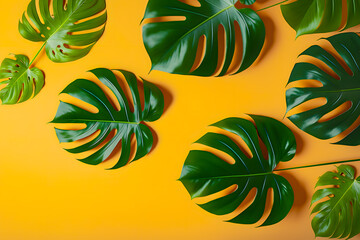 Green leaves of a tropical plant Monstera on a bright yellow background, minimalism. Generative AI
