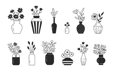 Flower in vase doodle illustration including different floral bouquets. Hand drawn cute line art about plants in interior. Thin linear drawing for coloring