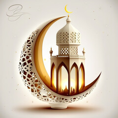 Ramadan Kareem with serene mosque and lantern, crescent moon serene evening background with beautiful glowing lantern. - obrazy, fototapety, plakaty