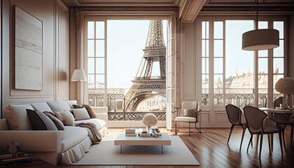 Room in Paris with eiffel tour in window - obrazy, fototapety, plakaty