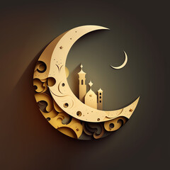 Ramadan Kareem with serene mosque, and crescent moon background with beautiful glowing lantern. - obrazy, fototapety, plakaty