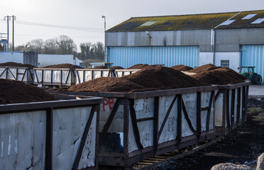 railroad train trucks full of peat at factory processing plant