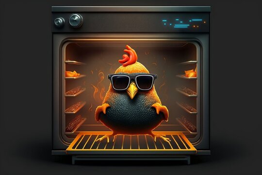personnage de poulet rôti avec des lunettes de soleil, en train de cuire dans un four - illustration ia
