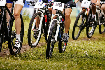 Fototapeta premium legs and wheels of bicycle riders cyclists. mountain bike race