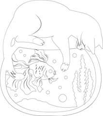 Aquarium goldfish and cat art line
coloring vector