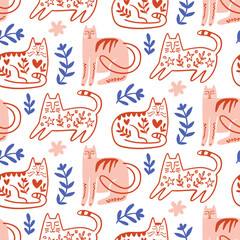 Trendy Folk art Cats Seamless Pattern