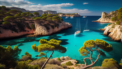 Mallorca, Cala Noelia. View of the sea and rocks from the high shore. Majorca