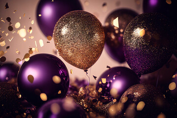 Holidays background with purple balloons, confetti, sparkles, lights. Anniversary. Banner for birthday, party, Christmas, New Year, promotion social media cover. Generative Ai.