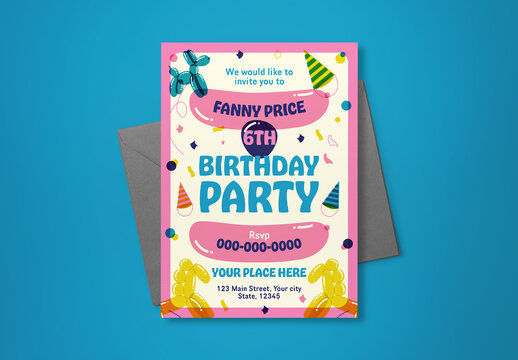Pink Riso Print Kids Birthday Invitation