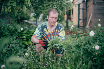 A man works in the garden, flying weeds, tending the lawn