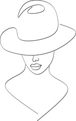Abstract linear woman in hat. Minimal portrait. Head fashionable accessory. One line continuous. Beauty and glamour concept. Cap headgears for lady. Hand drawn vector illustration.