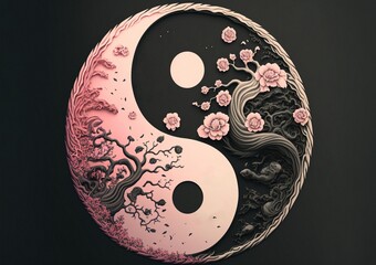 Yin Yang symbol with blooming Sakura in it created with Generative AI Tools - obrazy, fototapety, plakaty