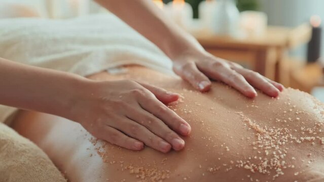 Closeup of unrecognizable masseuse rubbing salt scrub on back of young woman lying on massage bed in luxury spa salon