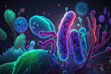 Bacteria cells under microscope background, Bacteria disease epidemic. Generative Ai