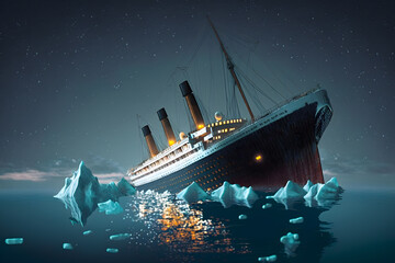 Titanic wreck as a result of a collision with an iceberg in the Atlantic Ocean. Generative AI - obrazy, fototapety, plakaty