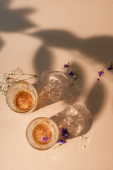 Alcohol drink. Strong beverage. Summer booze. Two brown whiskey glasses with flower composition leaves shadow on beige empty space background.