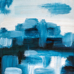 Abstract painted background with brush strokes of blue. Blue painting.