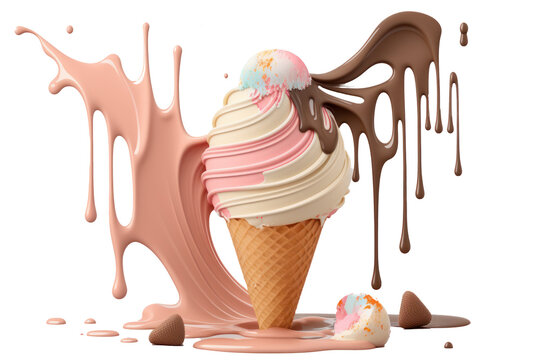 Melting ice cream cone on transparent background. PNG. Generative AI