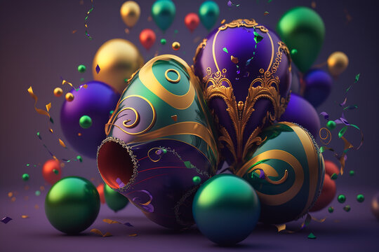 Mardi gras accessories in juicy green, purple and gold. AI generated image