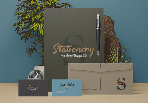 Corporate Stationery Mockup Template With Green Plants