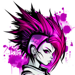 Beautiful girl with pink hair and colorful blots. Vector illustration.