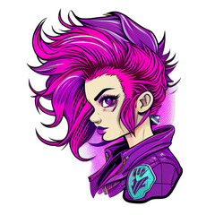 Illustration of a girl with purple hair in a futuristic style.