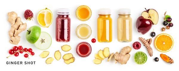 Ginger shot bottles and fresh fruits set isolated on white background.