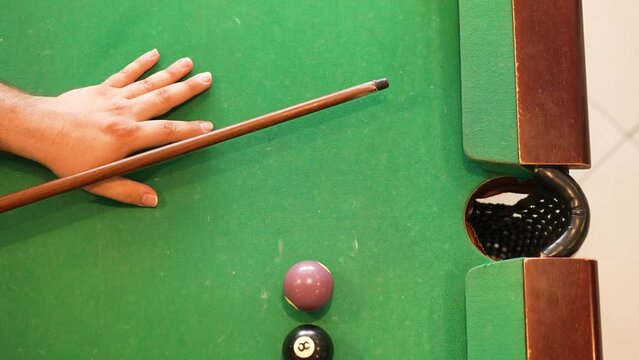 Billiard Attempt Missed Shot Top Down View White Cue Ball And Number Four And Eight