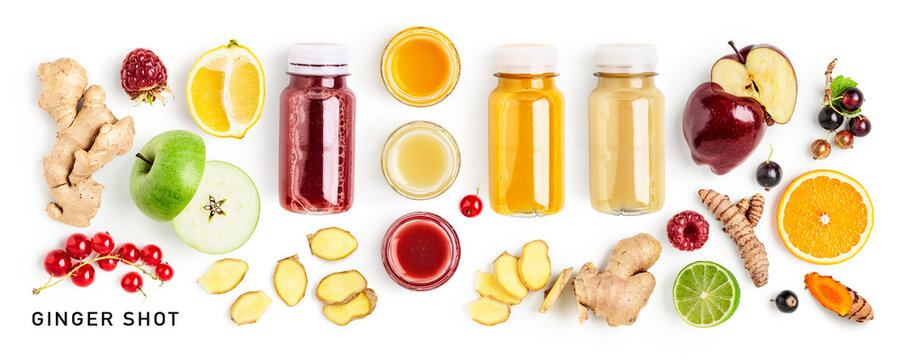 Ginger Shot Bottles And Fresh Fruits Set Isolated On White Background.