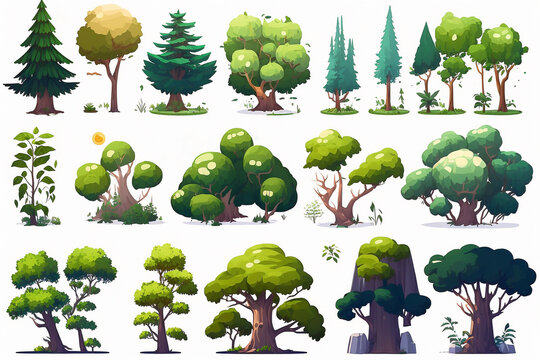 illustration of a series of 2d painted trees for children's books or video games - AI generative