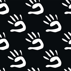 Vector flat hand drawn seamless pattern with hand print, palm stamp, fingers silhouette