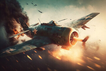 World War II Era Plane Flying Through Sunset Skies, battle with explosions and fire - ai generative	
