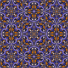 Seamless patchwork tile with Islam, Arabic, Indian, ottoman motifs. Majolica pottery tile. Portuguese and Spain decor. Ceramic tile in talavera style. Vector illustration.