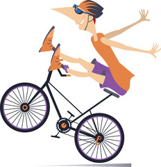 Fototapeta premium Biker cycling bicycle sport. Cycling bicycle extreme high jump. Cyclist man making a trick on the bike 