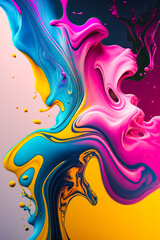 artistic apple/mac fluid swirl vertical phone wallpaper, elegant abstract pink, blue, yellow liquid paint texture with ink waves on a dark background (generative ai) ultra-realistic render, 