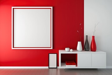 Red modern interior design with empty blank frame. Generative AI illustration.