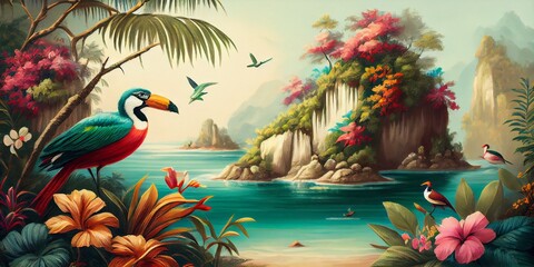 Naklejka premium Tropical summer paradise scene landscape with river, ocean, sea, leaves and plants. flowers and birds. Generative AI