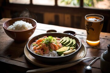 Asian-inspired rice, sushi, and salmon on a rustic wooden table.