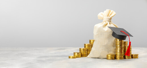 Expensive education. Bag for money and coins with a graduate cap. Template Copy space for text