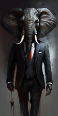 animal in a black suit with red tie, elephant, business man, generative ai