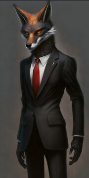 animal in a black suit with red tie, fox, business man, generative ai