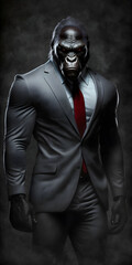 animal in a black suit with red tie, gorilla business man, generative ai