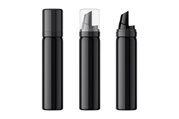 Black glossy mousse bottle with black and transparent cap lid mockup isolated on white background. Black bottle of hair styling mousse cosmetic.3d rendering.