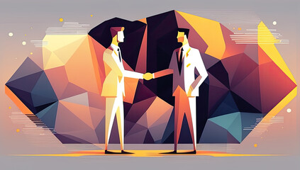 Flat illustration, geometric flat polygonal geometric illustration, Sealing the Deal: A Successful Partnership between Two Businessmen. Gnerative AI