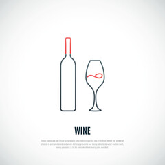 Wine bottle with wine glass outline illustration. Minimalist line design. Vector Wine icon.